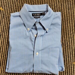 Lauren Ralph Lauren Dress Shirt Men's 16.5 32/33 Blue Plaid Check Long Sleeve